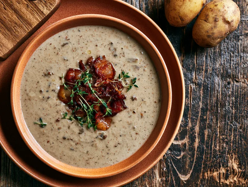 Cremet svampesuppe med kartofler og sprød bacon - Planomo