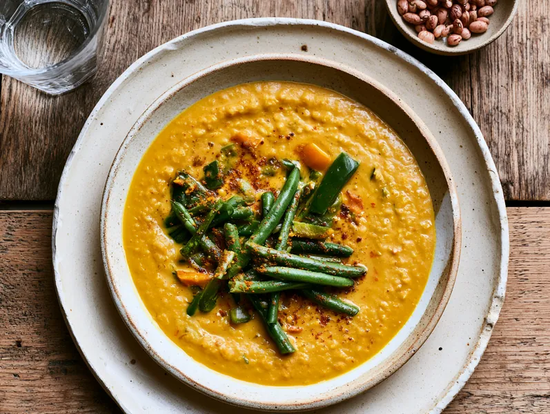 Cremet linsesuppe med kokos og grønne bønner - Planomo