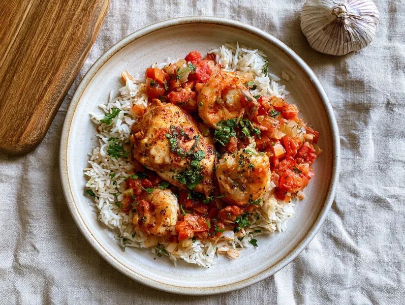 Kreolsk jambalaya med kylling og rejer - Planomo