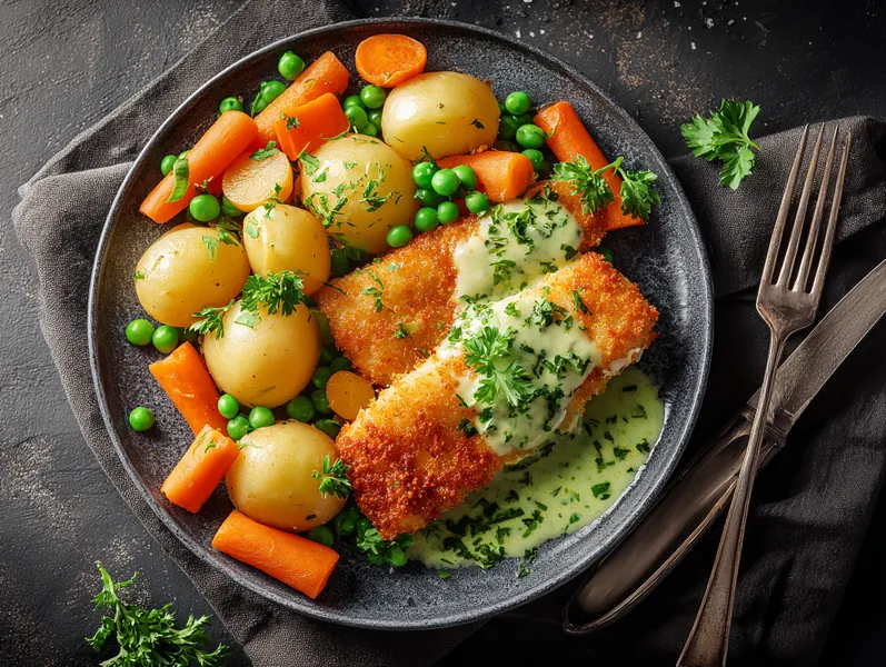 Fiskefilet med kartofler, gulerødder og ærter med persillesovs - Functional Foods