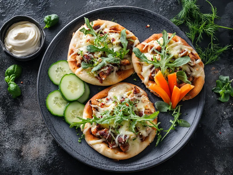 Minipizzaer med kyllingekebab, rucola og dressing - Functional Foods