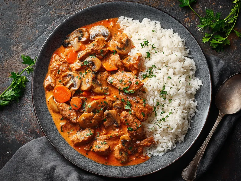 Mørbradgryde med champignon og ris - Planomo