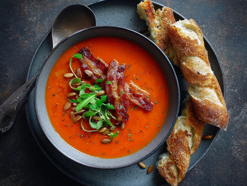 Italiensk tomatsuppe med bacon og miniflutes - Planomo