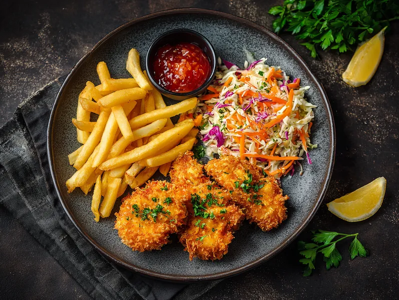 Paneret kylling med fritter og coleslaw - Planomo