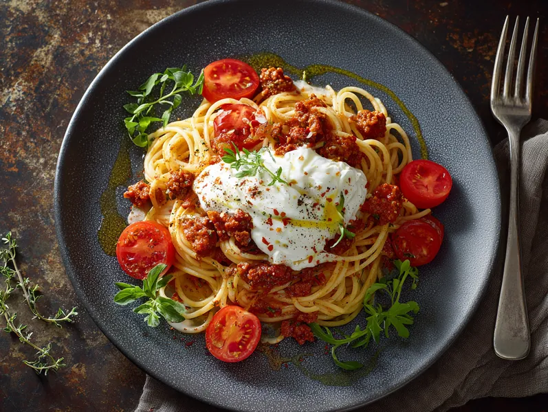 Spaghetti med cremet chorizo og tomatsalat - Planomo