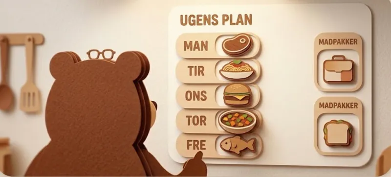 Bjørn der planlægger ugens mad og madpakker på en ugeplan-tavle