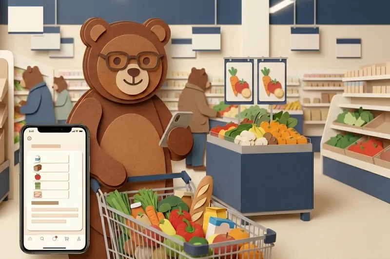Bjørn med indkøbsliste på mobilen og fuld indkøbsvogn i supermarkedet