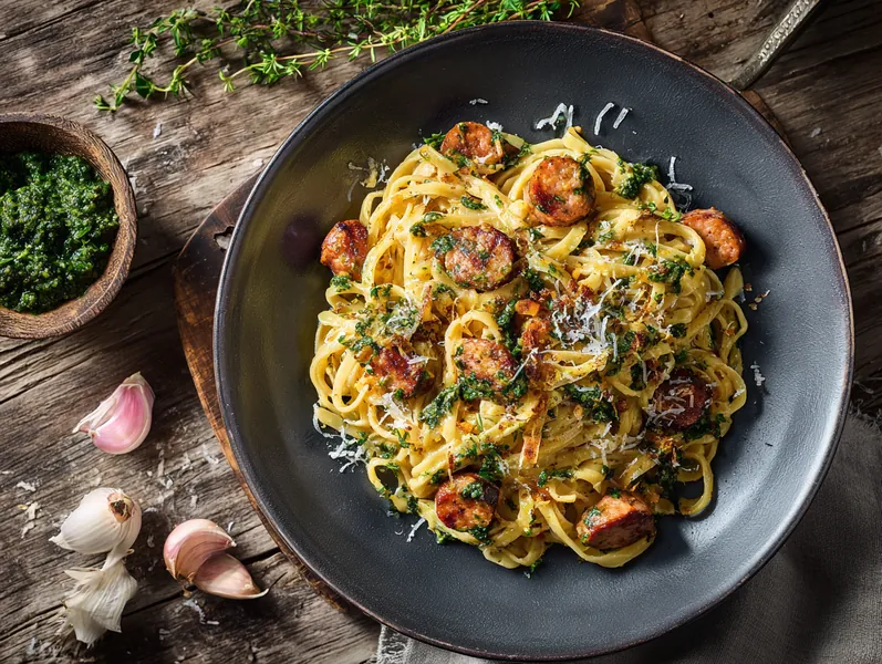 Pasta med pølse og pesto med parmesan - Planomo