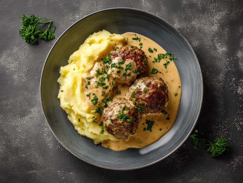 Frikadeller i fløde-peber sauces med kartoffelmos - Planomo