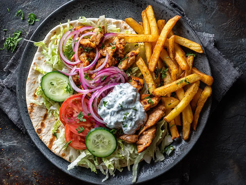 Fladbrød med kyllingekebab, fritter og tzatziki - Planomo