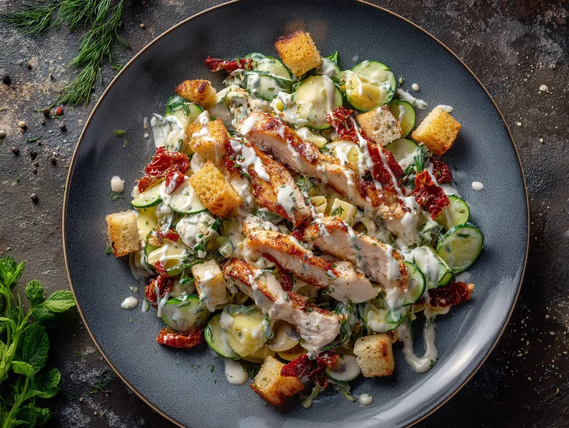 Pastasalat med kylling og croutoner - Planomo