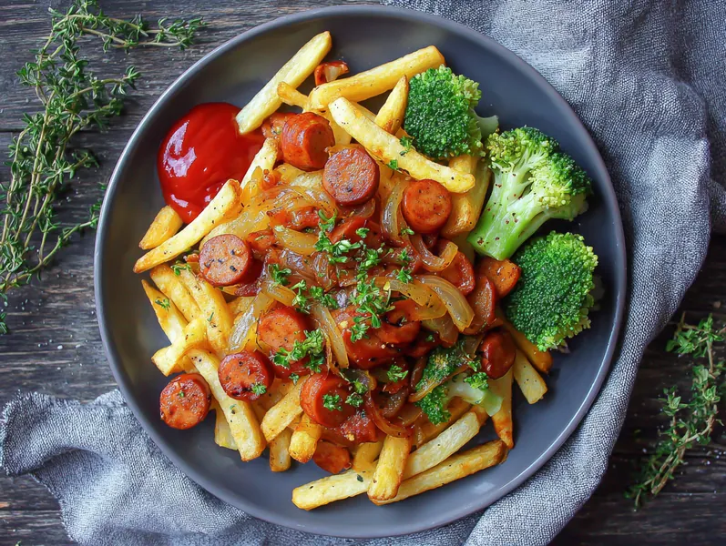 Klassisk pølsemix med broccoli og fritter - Planomo