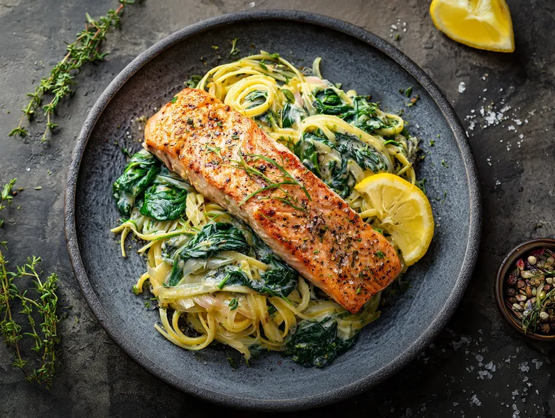 Cremet spinatpasta med laks - Planomo