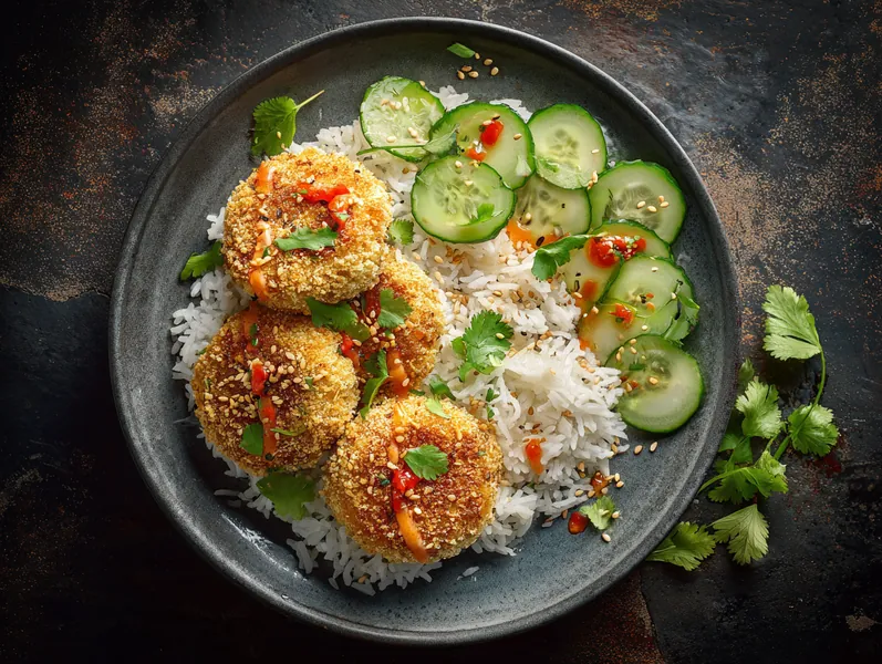 Panerede thai-deller med ris og agurkesalat - Planomo
