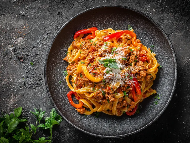 Frisk pasta med krydret svinekød i paprikasovs - Planomo