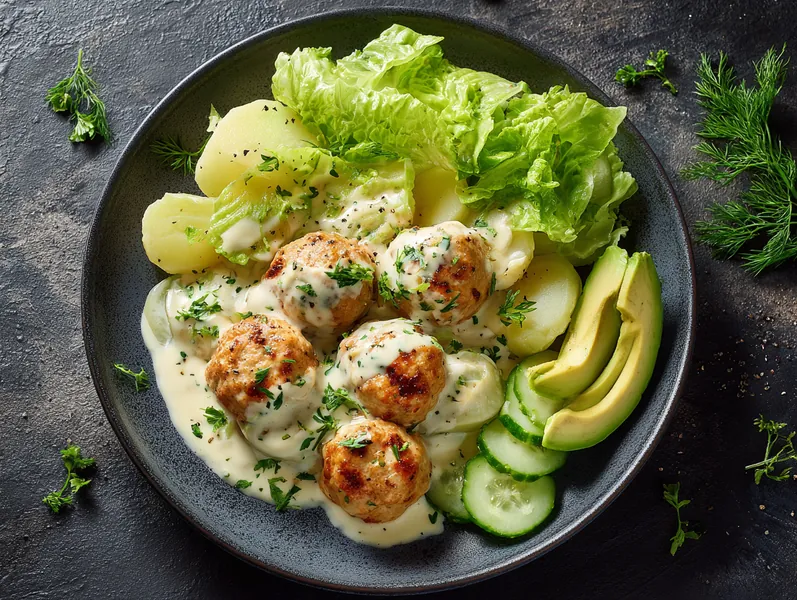 Kødboller i fad med flødekartofler og grøn salat - Planomo