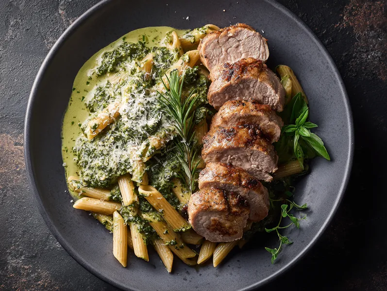 Mørbradbøffer med pasta i cremet grønkålssauce - Planomo