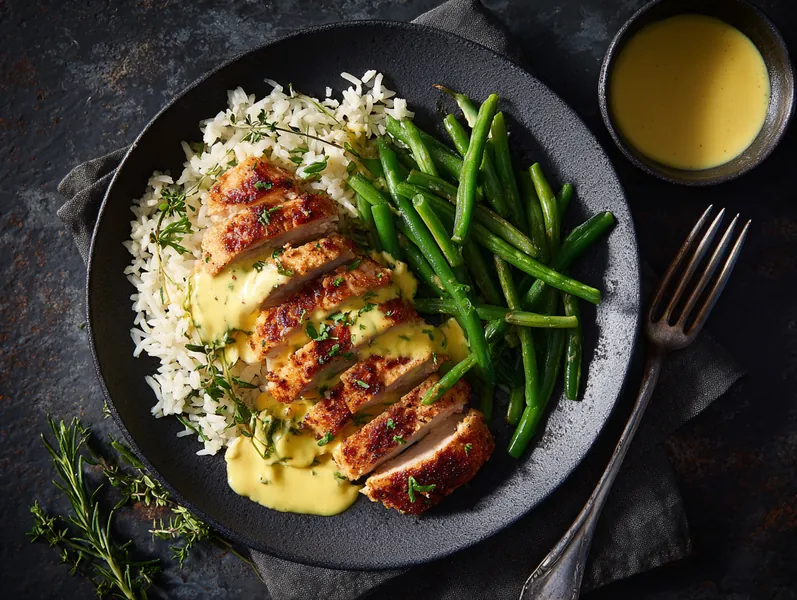 Saftig kylling med ris og bønner med bearnaisesauce - Planomo