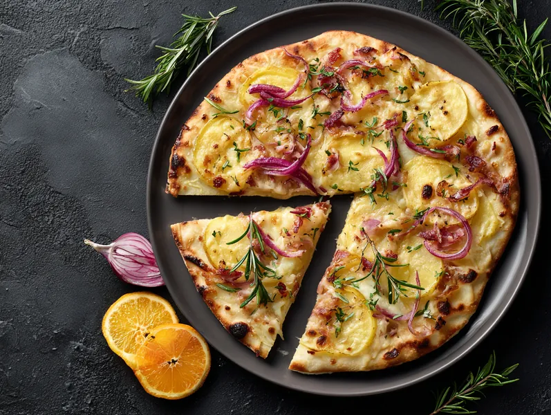 Hvid pizza med kartofler, bacon og syltede rødløg - Planomo
