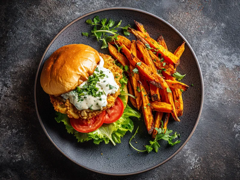 Kyllingeburger med burgerdressing og søde kartoffelfritter - Planomo