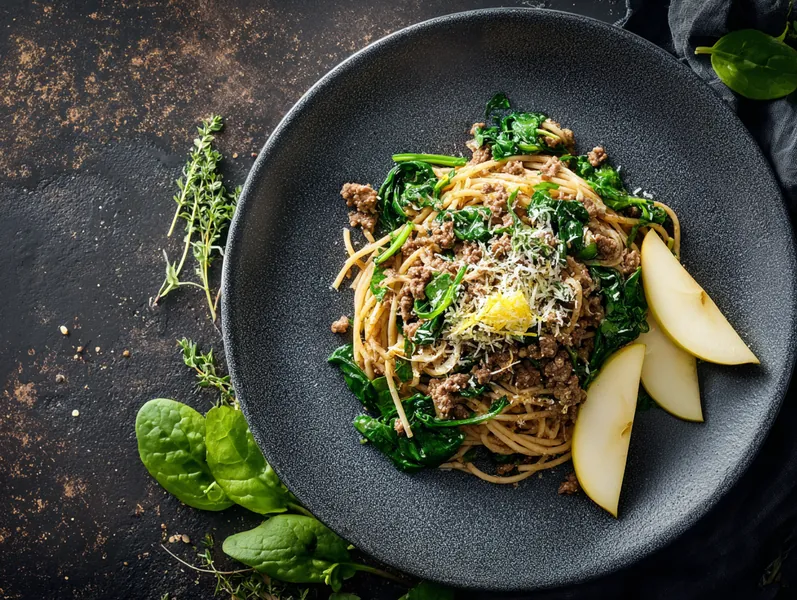 Spaghetti med hakket oksekød, spinat og citron - Planomo