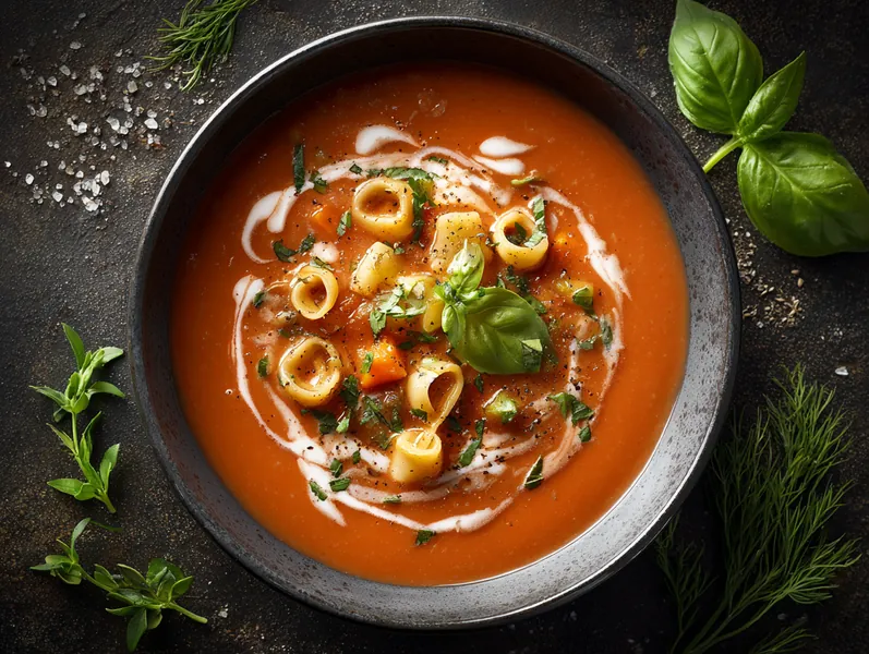 Tomatsuppe med pasta og groft brød - Planomo