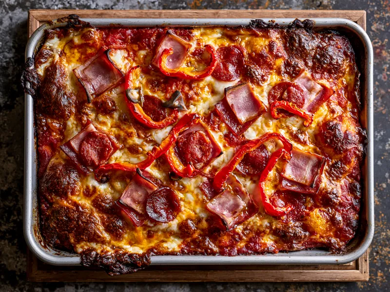 Bradepandepizza med skinke og pepperoni - Planomo