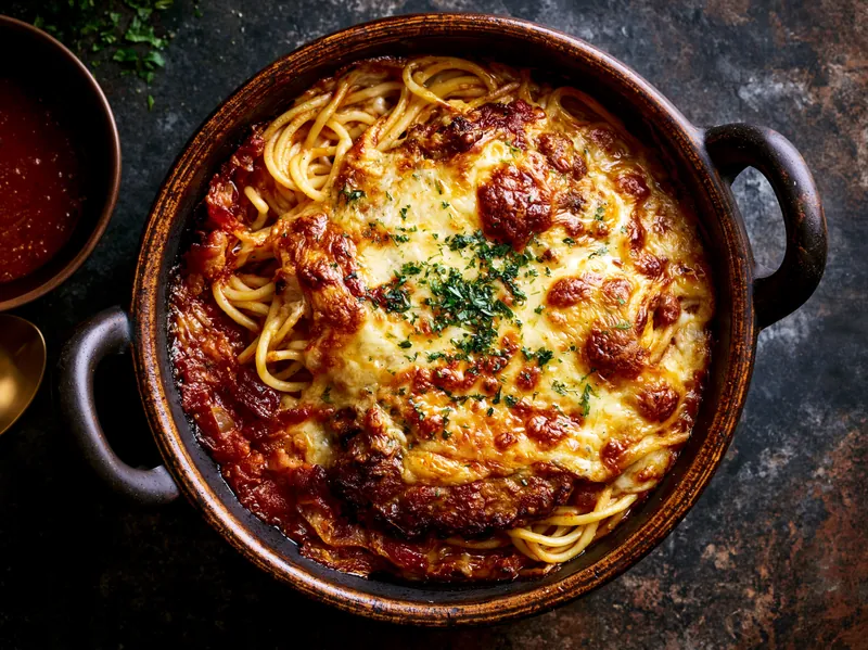 Spaghetti i fad med oksekød og bacon - Planomo
