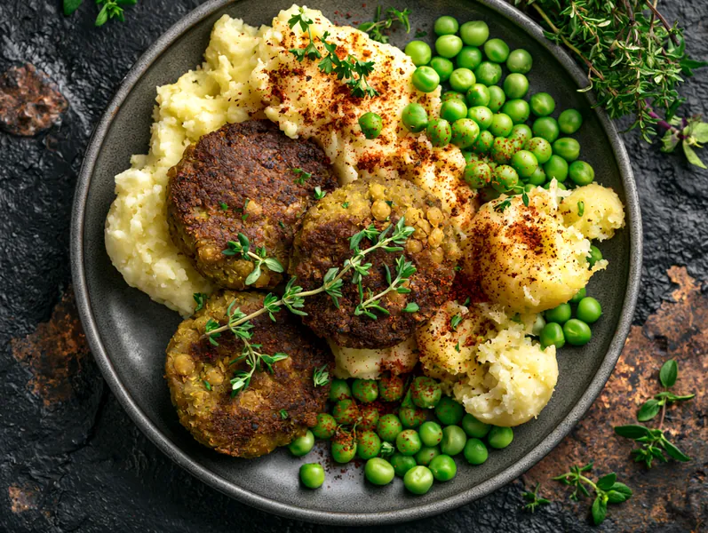 Grønne linsefrikadeller med kartoffelmos og ærter - Planomo