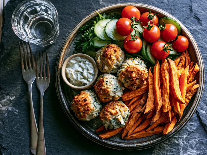 Kyllingefrikadeller med spinat, feta og pommes af sødekartofler - Planomo