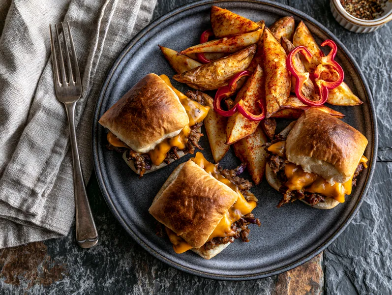 Mini-slider burgere med ost og skiveskåret kartoffelbåde - Planomo
