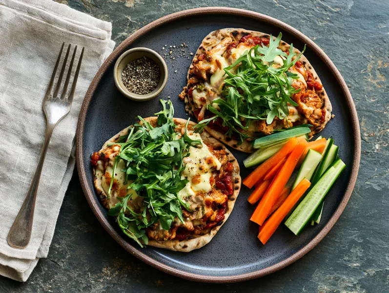 Minipizzaer med kebab, rucola og dressing - Planomo