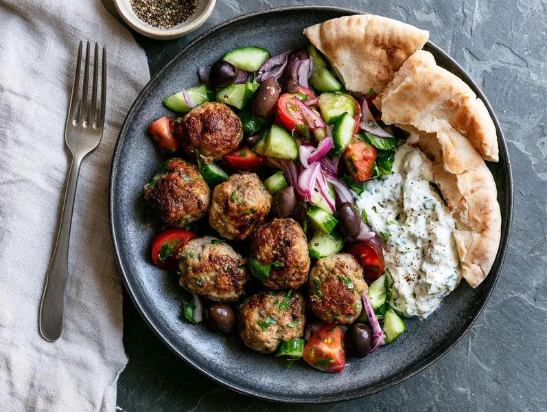 Græske kødboller med salat og pitabrød - Planomo