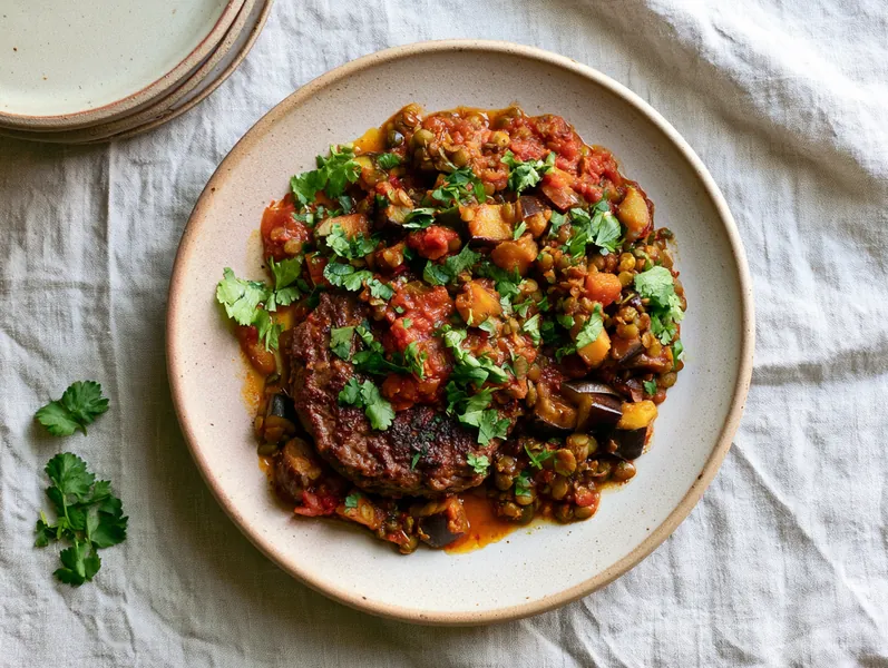Auberginegryde med hakket oksekød og krydrede linser - Planomo