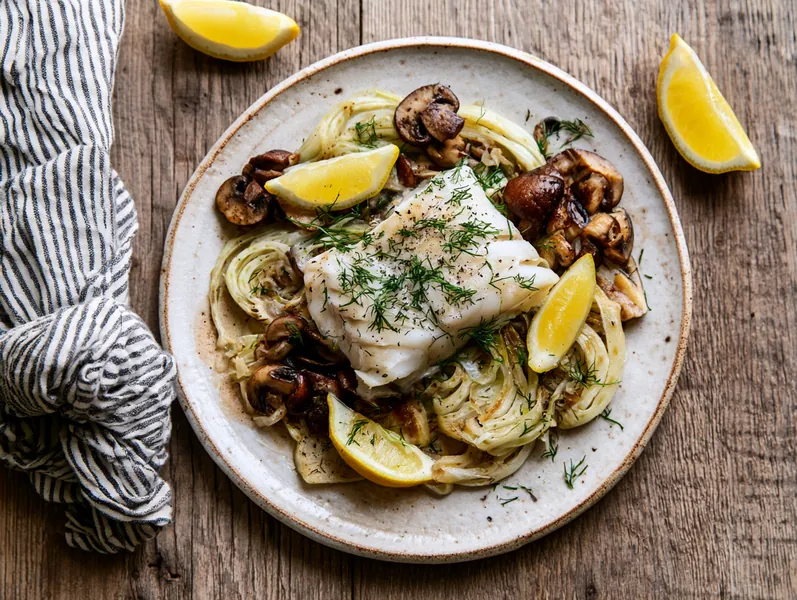 Dampet torsk med fennikel og svampesauté - Planomo