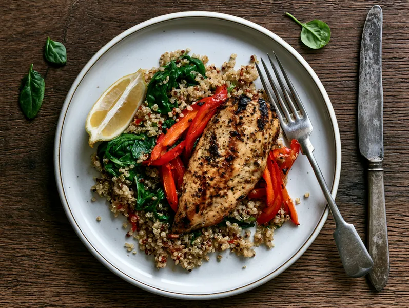 Kylling med grillet peberfrugt og quinoa - Planomo