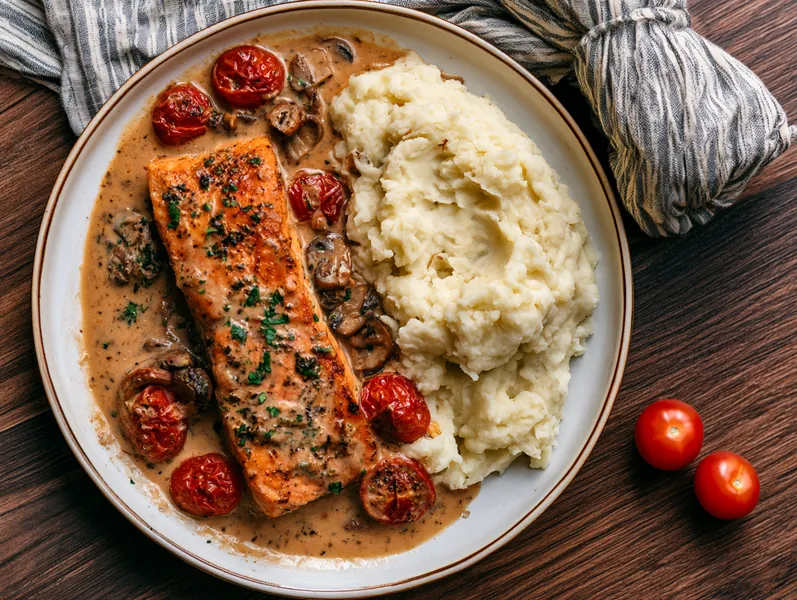 Laks med svampe, tomatsauce og kartoffelmos - Planomo