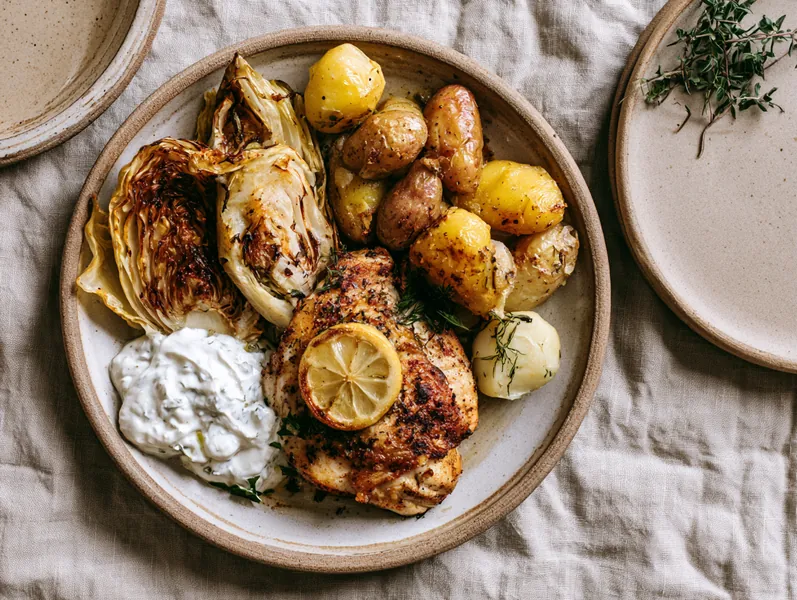 Kylling i ovn med citron-yoghurt og spidskål - Planomo