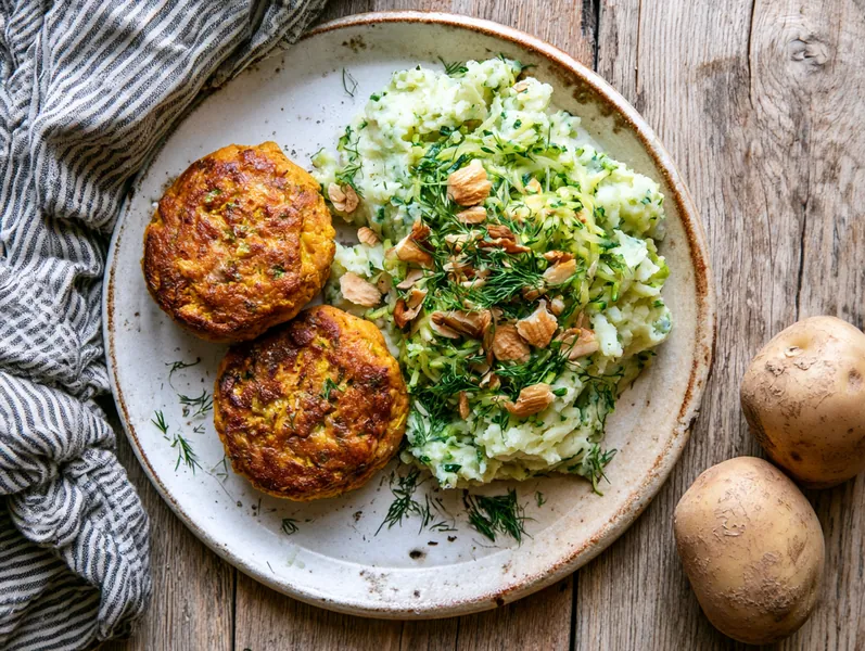 Laksedeller med mild karry, squash og kartoffel - Planomo