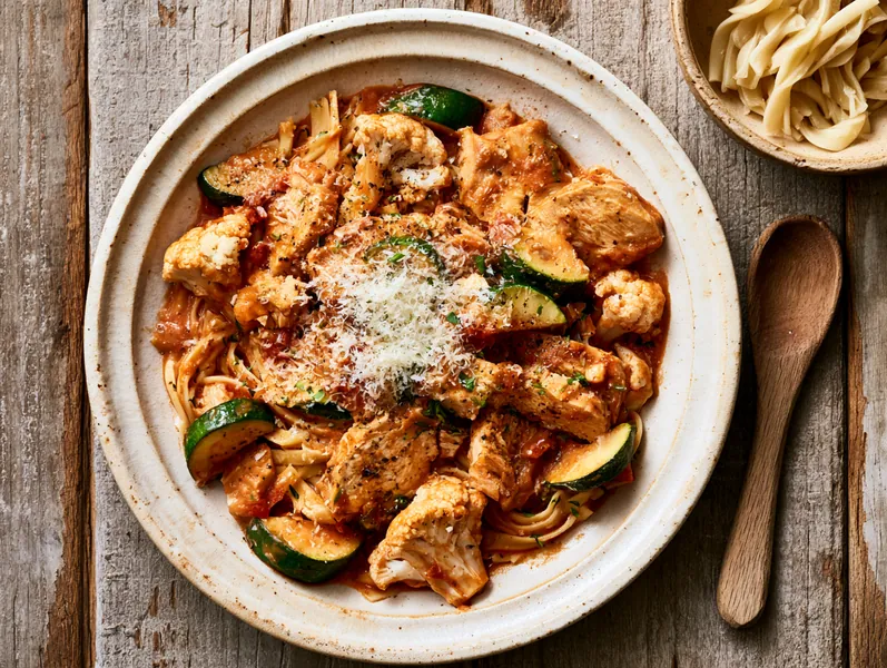 Kyllingegryde med zucchini og blomkål på pasta - Planomo