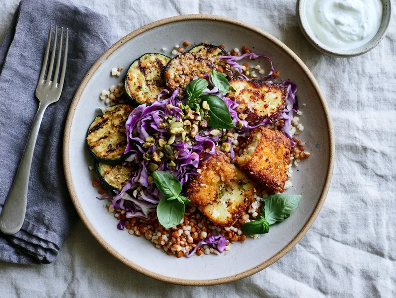 Salat med grillede squash, halloumi og hjemmelavede kyllingenuggets - Planomo