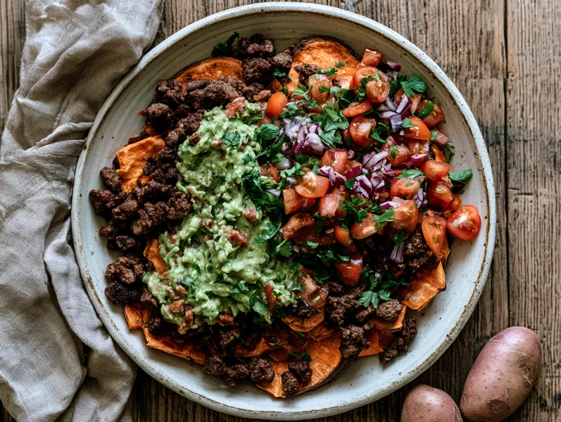 Sød kartoffel nachos med oksekød og guacamole - Planomo