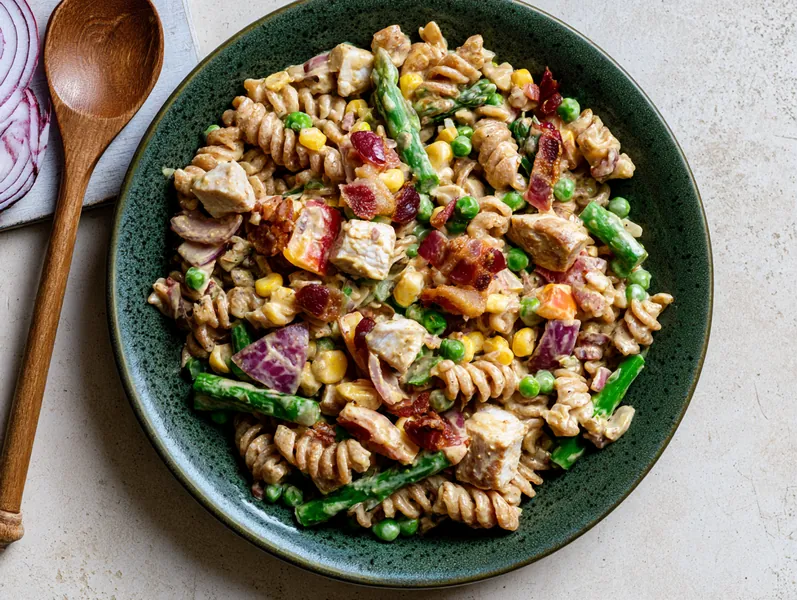 Pastasalat med karrydressing og bacon - Planomo