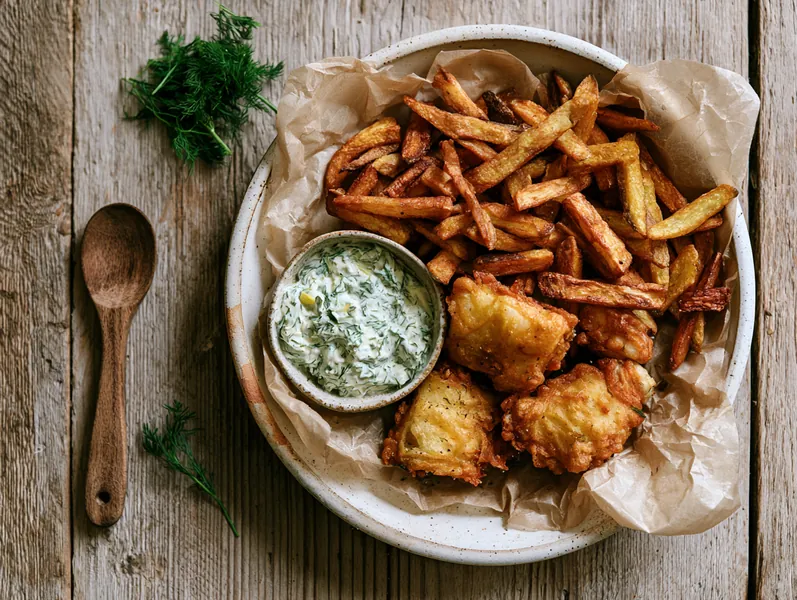 Fish and chips med pommes frites - Planomo