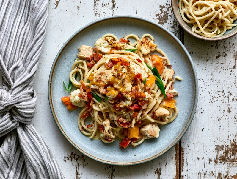 Cremet pasta med kylling, karry og mangochutney - Planomo